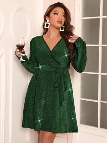SHEIN Clasi Plus Overlap Collar Contrast Binding Belted Glitter Dress For Holiday Party, Metallic Women Outfit Fall Cloth For Women - Dark Green - View 3