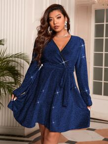 SHEIN Clasi 大碼交叉領撞色滾邊腰帶亮片連衣裙