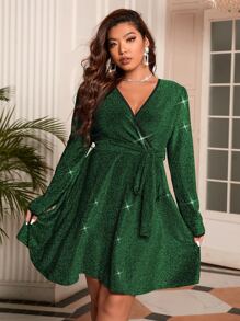 SHEIN Clasi Plus Overlap Collar Contrast Binding Belted Glitter Dress For Holiday Party, Metallic Women Outfit Fall Cloth For Women - Dark Green - View 6