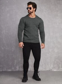 Manfinity 男士素色圓領套頭毛衣 - 深灰色 - 查看 4