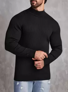 Manfinity Men Mock Neck Ribbed Knit Sweater - Black - View 1