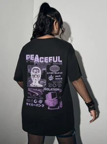 ROMWE Grunge Punk Plus Letter Graphic Drop Shoulder Tee - Black - View 1