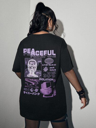 Grunge Punk Plus Letter Graphic Drop Shoulder Tee