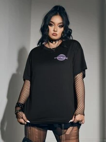 ROMWE Grunge Punk Plus Letter Graphic Drop Shoulder Tee - Black - View 3