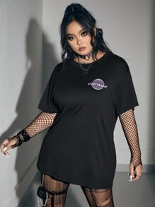 ROMWE Grunge Punk Plus Letter Graphic Drop Shoulder Tee - Black - View 4