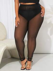 SHEIN CURVE+ Plus See Through Mesh Leggings Without Panty - Black - View 5