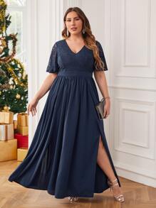 SHEIN Belle Váy phù dâu Plus Tương phản ren Dây kéo Tách cao màu trơn Thanh lịch - Màu xanh hải quân - Xem 2