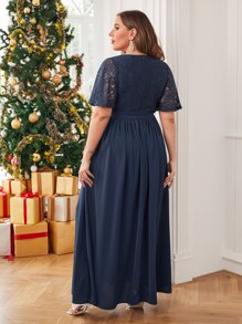 SHEIN Belle Váy phù dâu Plus Tương phản ren Dây kéo Tách cao màu trơn Thanh lịch - Màu xanh hải quân - Xem 4