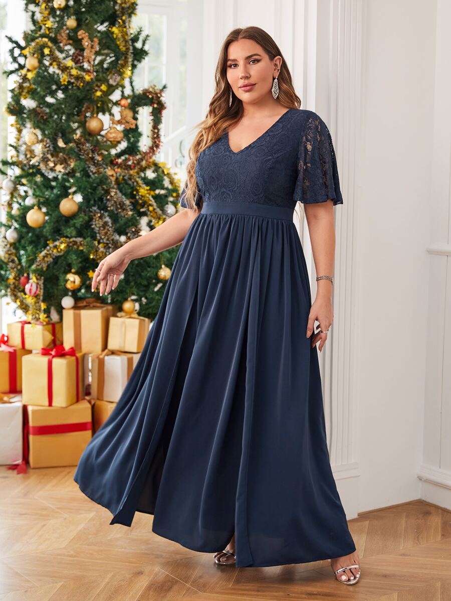 SHEIN Belle Váy phù dâu Plus Tương phản ren Dây kéo Tách cao màu trơn Thanh lịch - Màu xanh hải quân - Xem 1