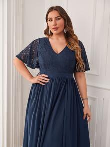 SHEIN Belle Váy phù dâu Plus Tương phản ren Dây kéo Tách cao màu trơn Thanh lịch - Màu xanh hải quân - Xem 5