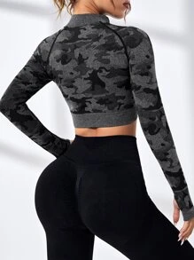 Camo Print Raglan Sleeve Zipper Crop Sports Jacket - Dark Grey - View 2