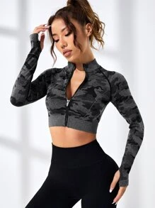 Camo Print Raglan Sleeve Zipper Crop Sports Jacket - Dark Grey - View 4
