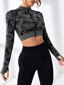 Camo Print Raglan Sleeve Zipper Crop Sports Jacket - Dark Grey - View 5