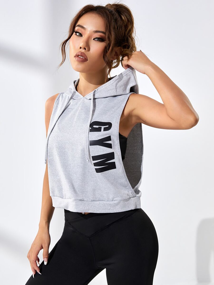 SHEIN Street Sport 字母图案抽绳运动卫衣 - 淺灰色 - 查看 1