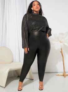 SHEIN CURVE+ Plus Solid High Waist Leggings - Black - View 3