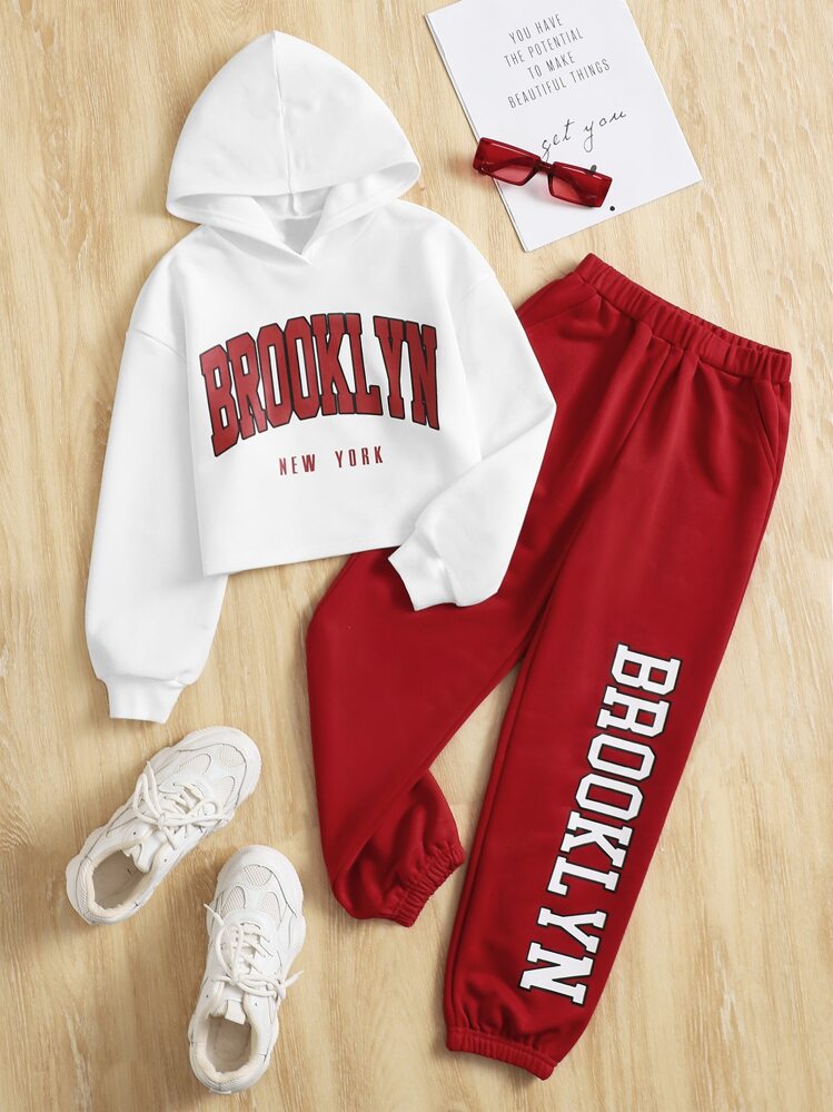 Adolescent Fille Pantalon De Survêtement & Sweat-Shirt À Capuche À Lettres - Rouge foncé - Voir 1