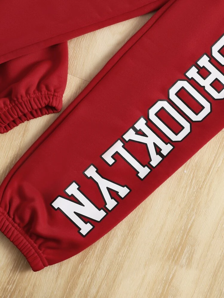 Adolescent Fille Pantalon De Survêtement & Sweat-Shirt À Capuche À Lettres - Rouge foncé - Voir 4