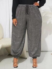 SHEIN CURVE+ Pantalones de cintura con cordón brillante - Gris - Ver 1