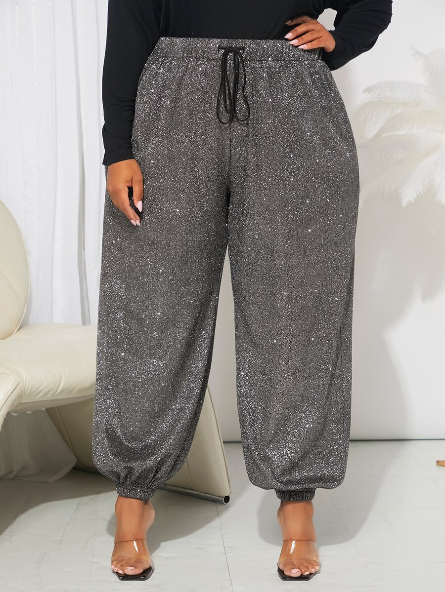 SHEIN CURVE+ Pantalones de cintura con cordón brillante - Gris - Ver 1