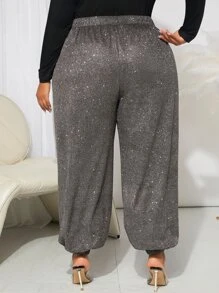 SHEIN CURVE+ Pantalones de cintura con cordón brillante - Gris - Ver 3