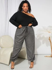SHEIN CURVE+ Pantalones de cintura con cordón brillante - Gris - Ver 5