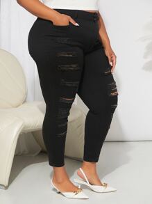 SHEIN CURVE+ Jeans ajustados desgarro de talle alto - Negro - Ver 4