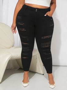 SHEIN CURVE+ Jeans ajustados desgarro de talle alto - Negro - Ver 3
