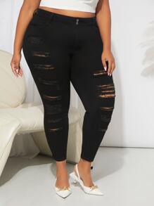 SHEIN CURVE+ Jeans ajustados desgarro de talle alto - Negro - Ver 5