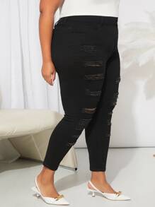 SHEIN CURVE+ Jeans ajustados desgarro de talle alto - Negro - Ver 2