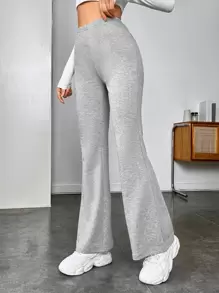 SHEIN EZwear High Waist Flare Leg Trousers - Light Grey - View 4