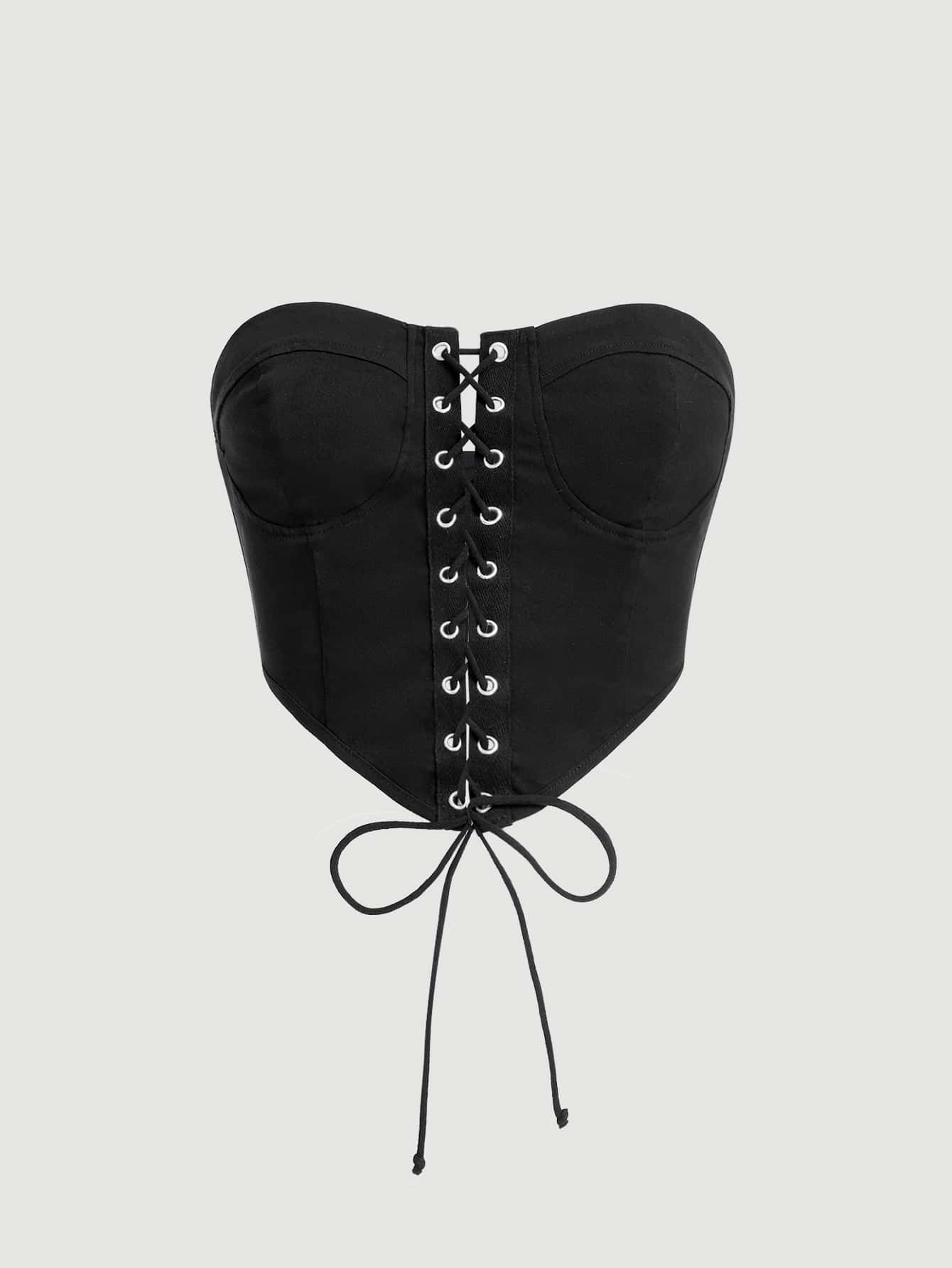 SHEIN MOD Lace Up Front Bustier Tube Top Corset Top - Black - View 1
