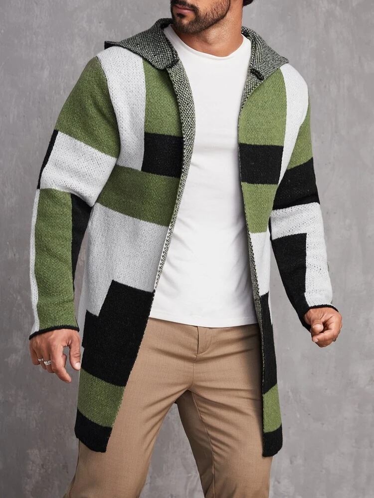Men Color Block Hooded Duster Cardigan Long Casual Chunky Cardigan Urban Color Block Cardigan, For Husband, Boyfriend Gifts, Men Long Cardigan, Green Cardigan Men, Men Knitwear Cardigan, Hooded Cardigan Men, Color Block Cardigan Men