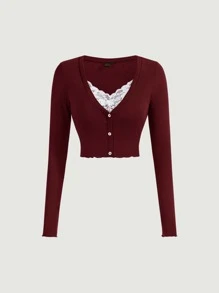 SHEIN MOD 對比蕾絲釦前條紋紅色長袖t恤 - 酒紅色 - 查看 1