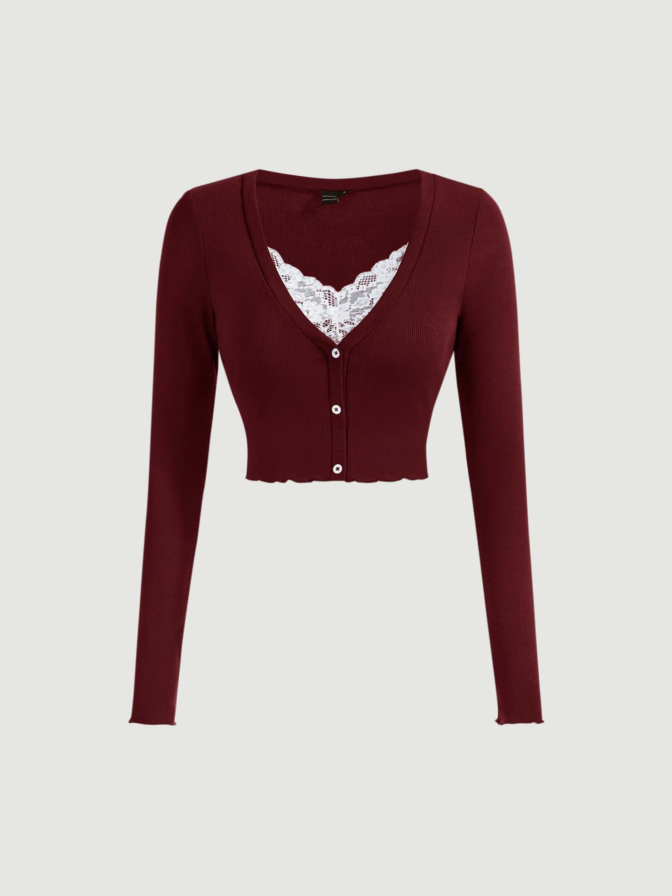 SHEIN MOD 對比蕾絲釦前條紋紅色長袖t恤 - 酒紅色 - 查看 1