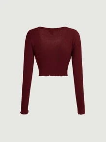 SHEIN MOD 對比蕾絲釦前條紋紅色長袖t恤 - 酒紅色 - 查看 2