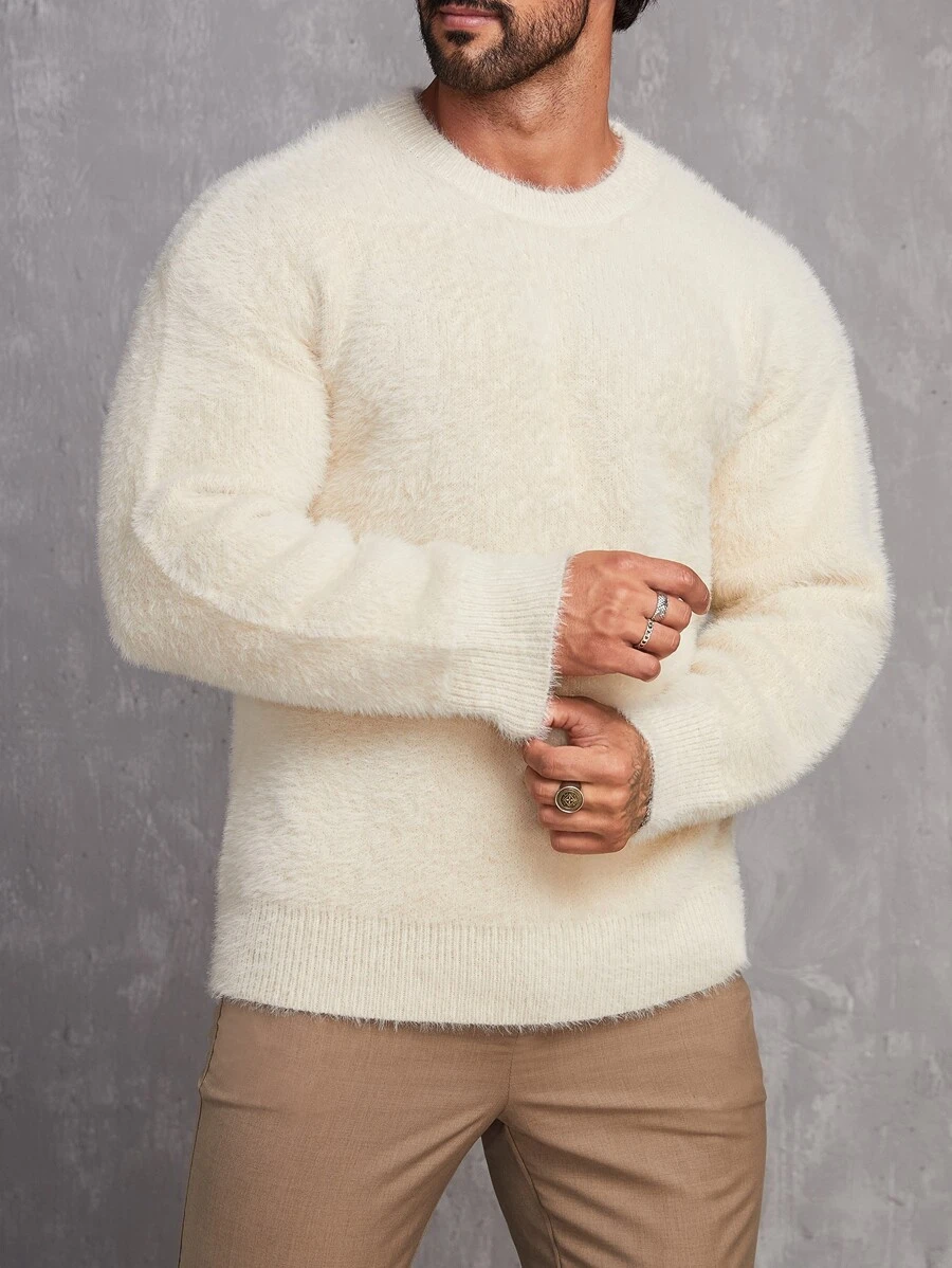 Manfinity Men Solid Fluffy Knit Jumper - Beige - View 1