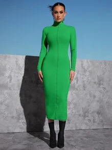 SHEINNeu Đầm Xù nhỏ Gân đan màu trơn Thanh lịch - màu xanh lá - Xem 1