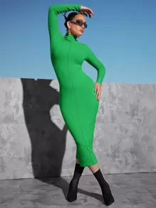 SHEINNeu Đầm Xù nhỏ Gân đan màu trơn Thanh lịch - màu xanh lá - Xem 3