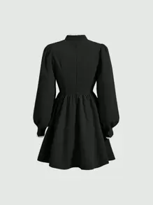 SHEIN MOD 繫帶領蕾絲邊燈籠袖燈芯絨洋裝 - 黑色 - 查看 2