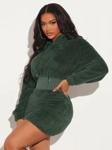 SHEIN SXY Drop Shoulder Drawstring Teddy Hoodie Dress - Army Green - View 4