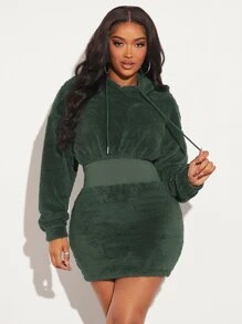 SHEIN SXY Drop Shoulder Drawstring Teddy Hoodie Dress - Army Green - View 5