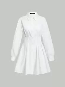 SHEIN MOD Solid Button Front Shirt Dress,White Graduation Dress - White - View 1