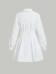 SHEIN MOD Solid Button Front Shirt Dress,White Graduation Dress - White - View 2