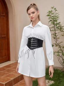 SHEIN MOD Đầm Ren lên Thùa khuyết Khối Màu Giải trí - trắng - Xem 2