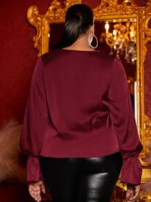 SHEIN SXY Plus Ruffle Trim Flounce Sleeve Satin Blouse - Burgundy - View 2