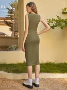 SHEIN MOD 高衩背心連衣裙 - 軍綠色 - 查看 4