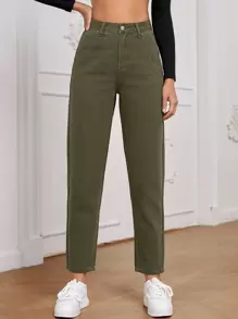 High Waist Straight Leg Jeans - Army Green - View 1