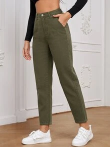 High Waist Straight Leg Jeans - Army Green - View 5