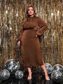 SHEIN Unity Plus Draped Collar Lantern Sleeve Split Hem Satin Dress - Coffee Brown - View 1