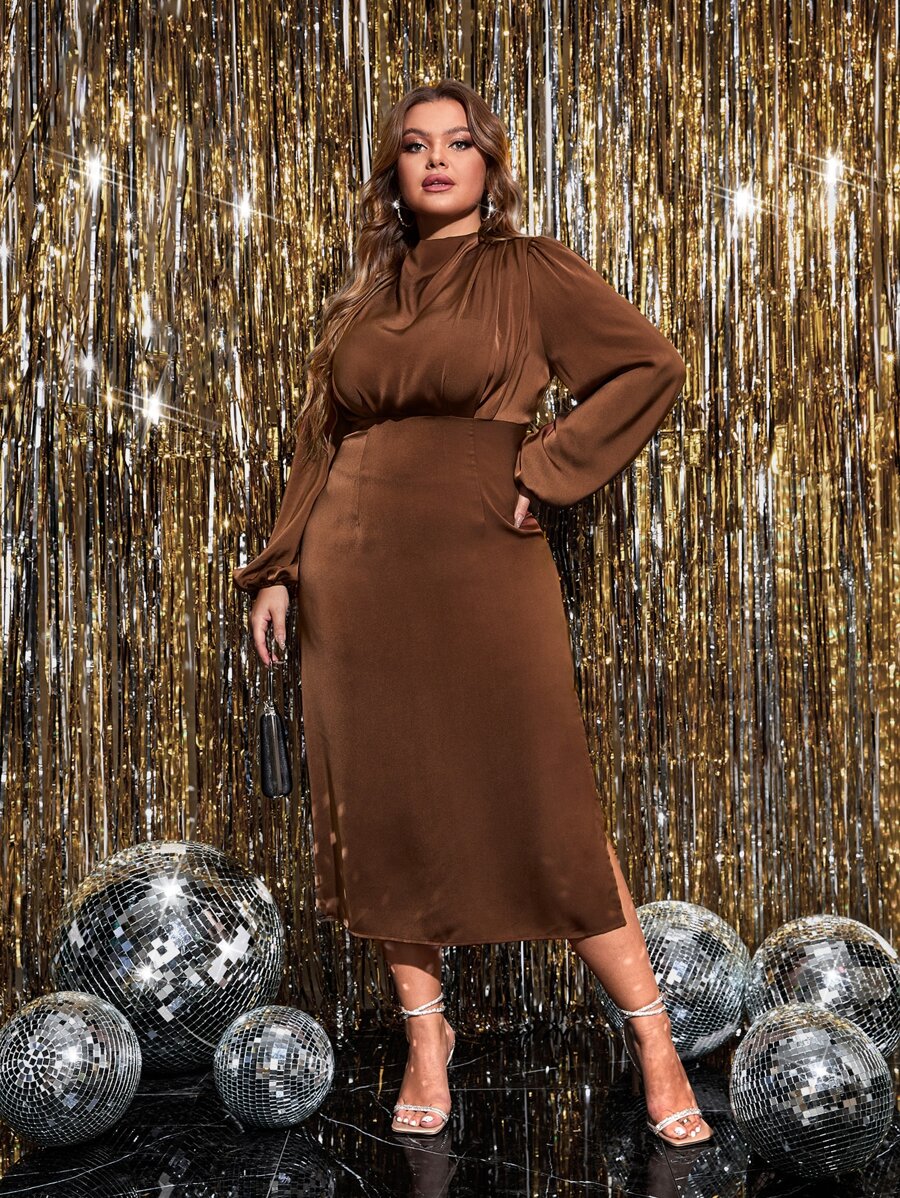 SHEIN Unity Plus Draped Collar Lantern Sleeve Split Hem Satin Dress - Coffee Brown - View 1